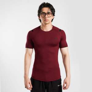 GAI ARR Haut tricoté ajusté à manches courtes décontracté d'été 100% polyester coton couleur bordeaux uni avec caractéristiques respirantes et étiquette personnalisée - Product Image 1