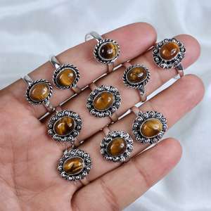 Anillo de ojo de tigre natural para mujer, anillo de declaración para niñas, suministro de joyería de boda, anillos de cabujón de ojo de tigre, lote plateado - Product Image 4