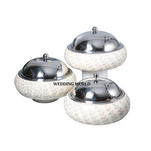 ชุดหม้อไฟแม่มุกสามชุดออกแบบเองหรูหราหม้อทรงกลมโต๊ะแฟนซีโลหะอุ่นอาหาร - Product Image 1