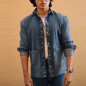 Servicio OEM/ODM Camisa Henley de manga corta Ropa informal High Street 230GSM Transpirable Hip Hop Hombres Camisa de mezclilla con estampado - Product Image 1