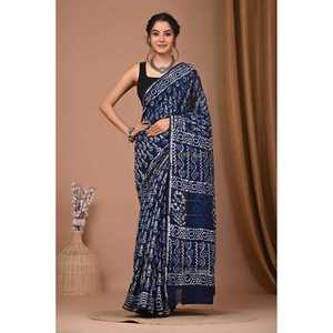 Sari de Seda Chandri Estampado a Mano con Bloques, Modelo Banarasi, Estilo Suave de Bollywood, Georgette, Tela Pesada de Modal y Red, para Bodas y Fiestas - Product Image 1