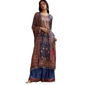 Abito in Kurta Palazzo con paillettes stampato blu con stampa floreale Dupatta all'ingrosso donna abbigliamento etnico OEM fabbrica di abbigliamento - Product Image 2