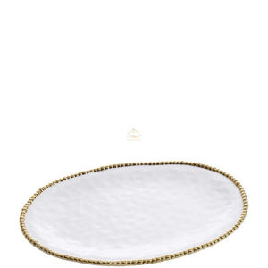 Plateau de service décoratif fait main, grande taille, forme ovale, couleur blanche, autocollant émaillé, bordure dorée, design - Product Image 1