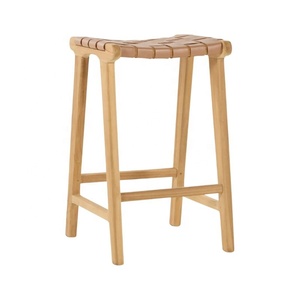 Minimalist Garden Bar Chair <b>Stool</b> Modern Teak Wooden <b>Leather</b> Chair Bar <b>Stool</b> for Outdoor Restaurant Bar Coffee Shop Furniture - Product Image 1