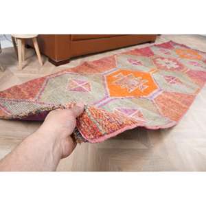 Alfombra Turca Vintage de 3.2x10.3 pies, Alfombra de Lana Herki Roja Ombré - Product Image 3