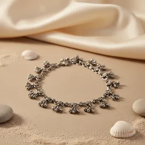 Silver <b>Anklet</b> with Diamond and Pearl <b>Gold</b>-<b>Plated</b> Ethnic Foot Jewelry with Bells for Women's Gifts - Product Image 2