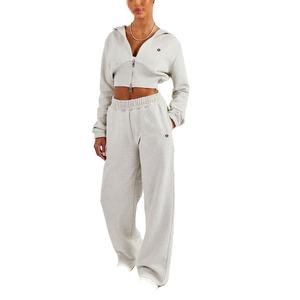 Conjunto de Sudadera Corta con Cremallera y Pantalones Deportivos para Mujer, de Algodón y Felpa, Dos Piezas, Ropa Deportiva Informal, Fabricación al por Mayor OEM - Product Image 1