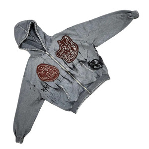 Streetwear Sweat à capuche Sun Faded Applique Distressed Broderie Patches Sweat à capuche Logo personnalisé Lavage à l'acide Sweat à capuche zippé pour hommes - Product Image 1