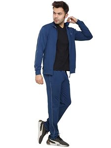 Men's Solid Blue Drawstring Tracksuit Casual Regular Fit 100% Cotton Gym <b>Running</b> Suit Side Pockets Stand Collar Winter Quick Dry - Product Image 6