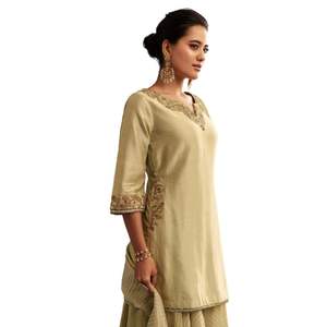 Conjunto verde claro Chanderi Kurta Palazzo con Organza Dupatta, venta al por mayor de Ropa Étnica para mujeres, ropa OEM, proveedor de fábrica, atuendo - Product Image 4