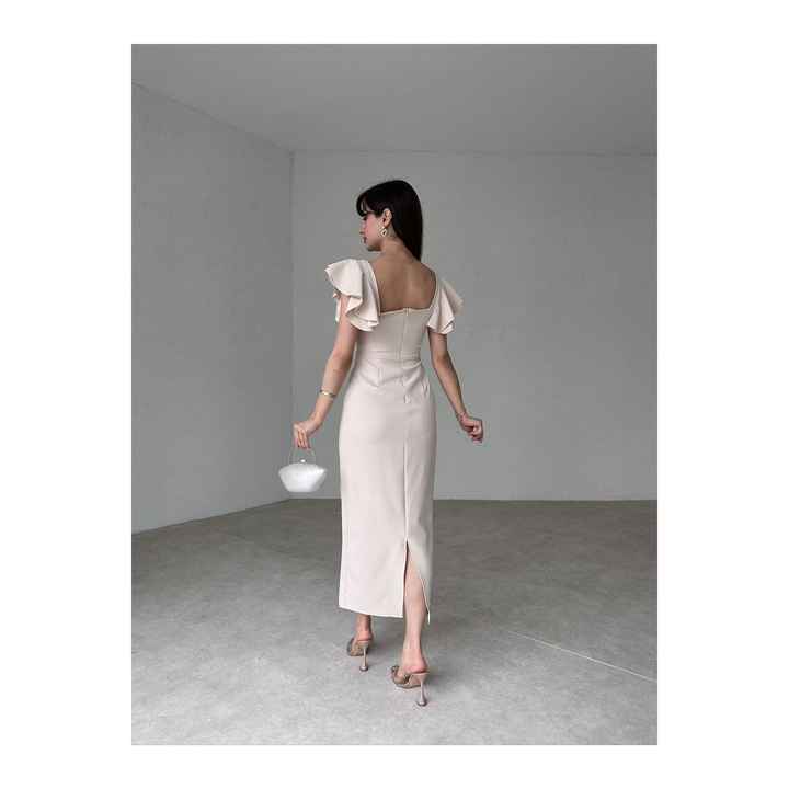 SQUARE COLLAR ELOI MIDI LENGTH ATLAS FABRIC DRESS