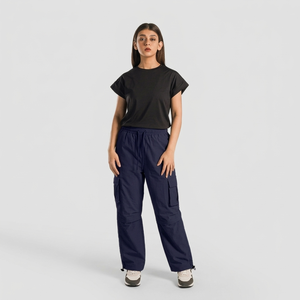 Mile High-Waisted Cargo <b>Trousers</b> in Navy Breathable Canvas Oversized Casual Straight-Leg Style with <b>Elastic</b> <b>Waist</b> Closure - Product Image 3