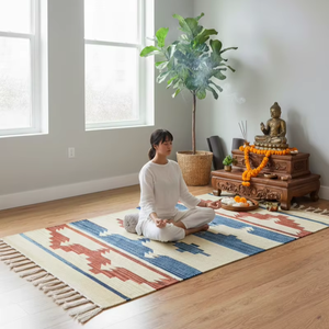 Tapis multicolore en coton tissé beige, motif floral moderne, lavable en machine, avec envers réversible, idéal pour la prière, les pique-niques, les voyages et la maison. - Product Image 5