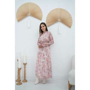 Robe trapèze rose à imprimé floral Champs-lyses en mousseline de soie, taille naturelle, vente en gros - Product Image 3