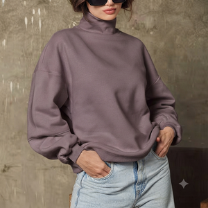 เสื้อสเวตเชิ้ตคอเต่าทรงโอเวอร์ไซส์สำหรับผู้หญิง สีพื้น แขนยาว ทรงหลวม ผ้าฝ้ายถัก สวมใส่สบายๆ สำหรับฤดูใบไม้ร่วง - Product Image 1