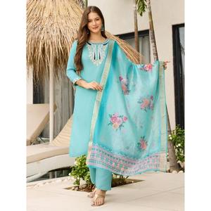 Lancement de la nouvelle collection de Kurta Pent de créateur avec Dupatta en tissu viscose brodé, idéal pour les fêtes - Product Image 1