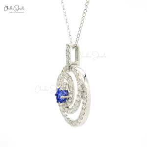 Top Supplier 14k <b>Solid</b> White <b>Gold</b> Natural 6mm Round Cut Tanzanite Spiral <b>Pendant</b> With SI Clarity Diamond Halo <b>Pendant</b> Jewelry - Product Image 3