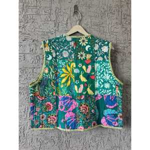 Women's Floral <b>Quilted</b> Vest Bohemian Style V-Neck Reversible Outer Wear Printed Polyester <b>Wadding</b> Green Pattern - Product Image 5