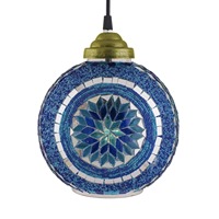 Lustre suspendu rond indien en mosaïque bleue, luminaire artisanal en verre, lanterne décorative