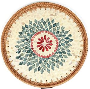 Bandeja redonda de ratán de mimbre lista para enviar, artículos de cocina con Incrustaciones de nácar, bandeja para servir al por mayor de INDIA BY HF CRAFTS - Product Image 1