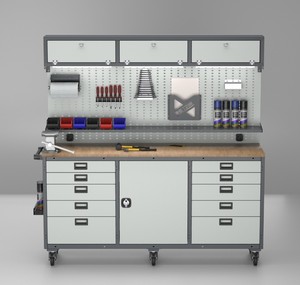 Banc de travail professionnel pour atelier de fabrication avec rangement d'outils, tiroirs et panneau perforé suspendu |   Armoire de garage robuste - Product Image 1
