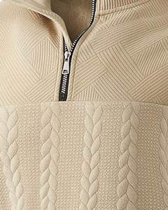 Manufacturer Men Beige Quarter Zip Cable Knit Sweater Pullover <b>Long</b> Sleeve Textured Winter Wear Premium Soft Casual Knitwear - Product Image 6