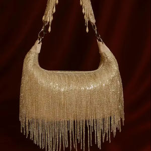 Luxury <b>Gold</b> Beaded Fringe Shoulder <b>Bag</b> for <b>Women</b>, Handcrafted Bridal & Party Purse, Long Bead Tassels and Statement Handle - Product Image 1