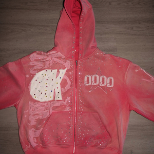 Ensemble de survêtement streetwear personnalisé avec strass, effet délavé à l'acide, coupe ample, fermeture éclair, pantalon de survêtement évasé et sweat-shirts à appliques - Product Image 4