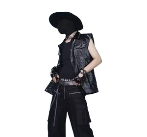 Men's Black <b>Leather</b> Vest Fashion Rivet Lapel Motorcycle Vest Men's Slim Motorcycle <b>Sleeveless</b> <b>Jacket</b> - Product Image 3