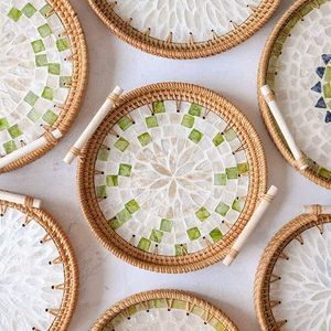 Plateau de service en rotin rond fabriqué à la main avec incrustation de nacre tissé à la main en gros bon prix du Vietnam - Product Image 6