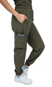 Женский антифлюидный армейский зеленый набор скрабов с круглым вырезом и эластичными штанами для бега, карго-пики (на заказ)