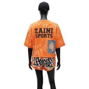 Ensemble t-shirt et short pour femme, jersey de coton 200 GSM, tie-dye orange, empiècements en denim, logo imprimé, ensembles personnalisés pour femmes - Product Image 2