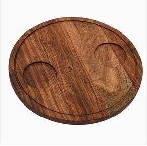 Plateau de service en bois d'acacia naturel Planche ronde en bois de charcuterie Planche en bois biologique avec support en verre pour aliments et boissons - Product Image 1