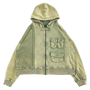 Sweat à capuche en coton/polyester délavé à l'acide, style rétro, coupe oversize, impression personnalisée, en tissu éponge français, motif uni, hiver, couleur unie - Product Image 1