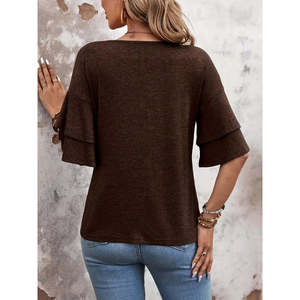 Blusa de viscosa de manga corta con cuello en V para mujer, 35663 - Café - Product Image 2