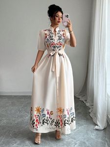 ชุดเดรสลำลองฤดูร้อนของผู้หญิงชุดเดรสยาวหรูหรามีสองชั้นลายใบบัวปักคอและซับในผ้าฝ้าย - Product Image 2