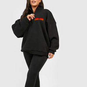 Custom Logo Soft Fleece Drop Shoulder Plain <b>Hoodies</b> <b>Women</b> High Neck Quarter <b>Zip</b> <b>Black</b> Pullover Oversized <b>Women's</b> Sweatshirt - Product Image 5