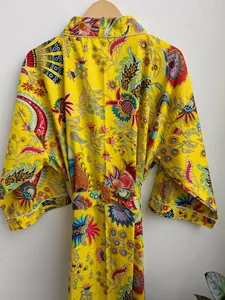 Excellente qualité Jaune Mukut Imprimé Coton Kimono Robe Chemises de nuit Disponible au prix de gros Hippie Kimono - Product Image 2