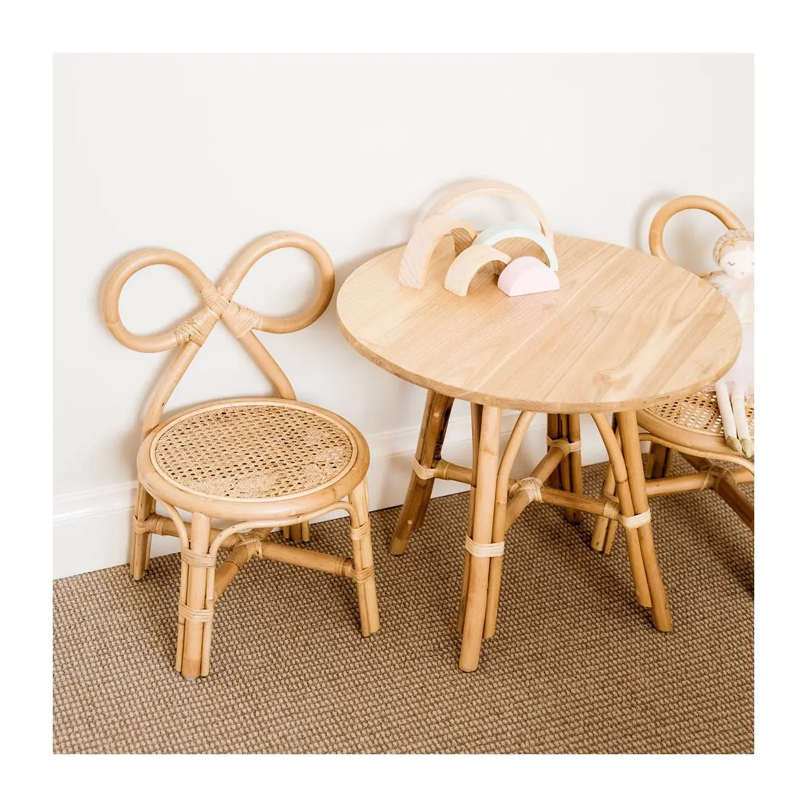 Innendekoration Baby Schlafzimmer möbel Kleinkind Stuhl und Tisch für Kinder Rattan Holz Kinder stühle