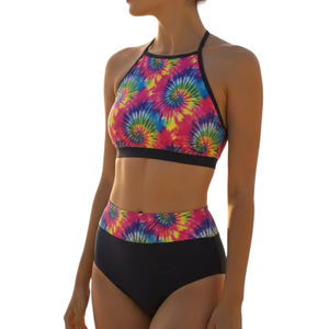 Ensemble de bikini à imprimé floral perlé de haute qualité en gros, taille haute, deux pièces, col halterneck, respirant, séchage rapide, vêtements de plage - Product Image 1