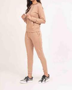 Conjunto Deportivo de 2 Piezas, Sudadera con Capucha y Pantalones Deportivos Acampanados, Color Sólido, 100% Algodón, Estilo Vintage con Encaje Bordado, Transpirable - Product Image 2