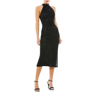 Abito da sera in raso nero con perline e scollo all'americana Mac Duggal, taglia XS, modello tubino per feste formali con scollo a barchetta e vita naturale - Product Image 1