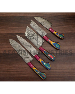 Juego de cuchillos de cocina de acero inoxidable de estilo japonés profesional al por mayor HOJA DE Damasco fruta impresa diseño mango de madera Pakka - Product Image 1