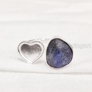 Joyería de piedra en bruto, anillo para mujer, zafiro azul Natural, piedra preciosa, piedra natal de septiembre, corazón ajustable, anillo de Plata de Ley 925 - Product Image 1