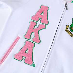 AKA <b>White</b> Fleece Letterman Jacket Unisex Pink Green Chenille Embroidery Greek Letter Varsity Style Premium Cotton <b>Zip</b> <b>Up</b> - Product Image 5