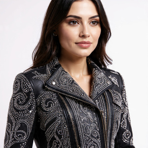 Chaqueta de motorista de cuero con diamantes de imitación de Letterman, ropa de moda para mujer, chaquetas de cuero con tachuelas plateadas para mujer - Product Image 3