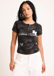 <b>Waffle</b> Camo Partial Button Placket Loose Graphic Prints on the Front <b>Waffle</b> Knit Blend Summer Eco-Friendly Women's - Product Image 4