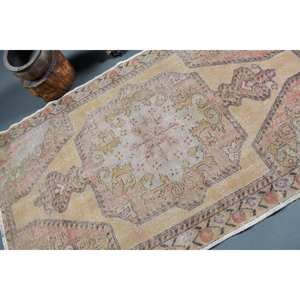 Tapis turc Vintage 4.4 X 7.1ft Beige Rose Laine Grande Surface Motif Abstrait Rectangle Couloir Design Nouveau Latex pour Décoration de Chambre - Product Image 5