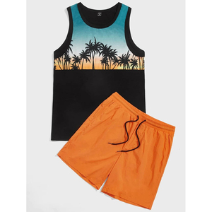 Street Life 2 pièces hommes palmier coucher de soleil motif haute rue grande taille imprimé vacances Style débardeurs court et chemise ensemble - Product Image 1