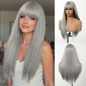 Skylar-DWY High Quality Long Straight Sliver Synthetic <b>Wig</b> Transparent Lace Bangs Small Cap Size 30 Inches Stretched for Women - Product Image 2
